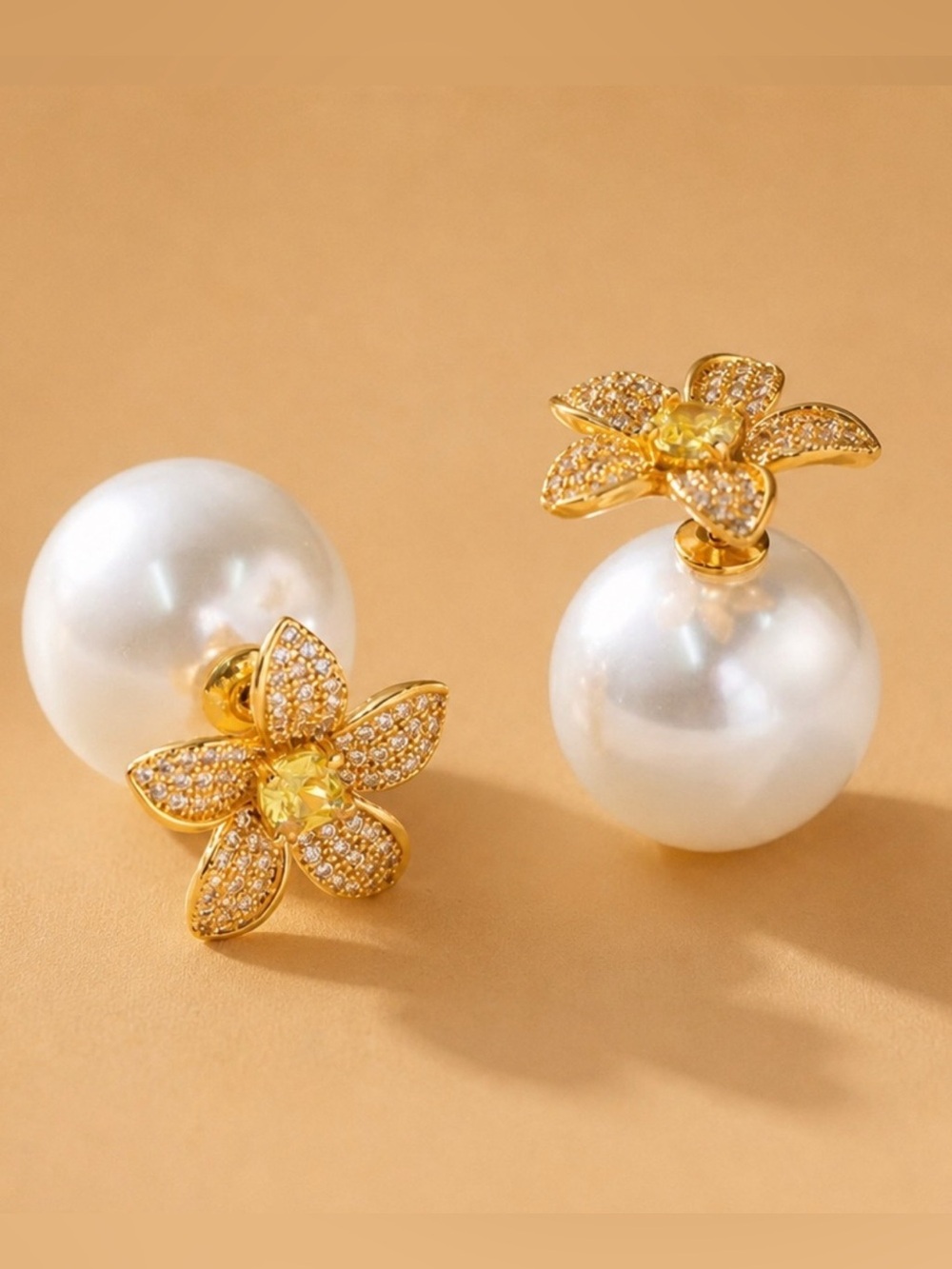 Gold Floral Pearl Back Stud Earrings - Women Jewelry